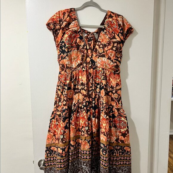 Anthropologie Floral Midi Dress - Orange and Brown - Picture 6 of 12